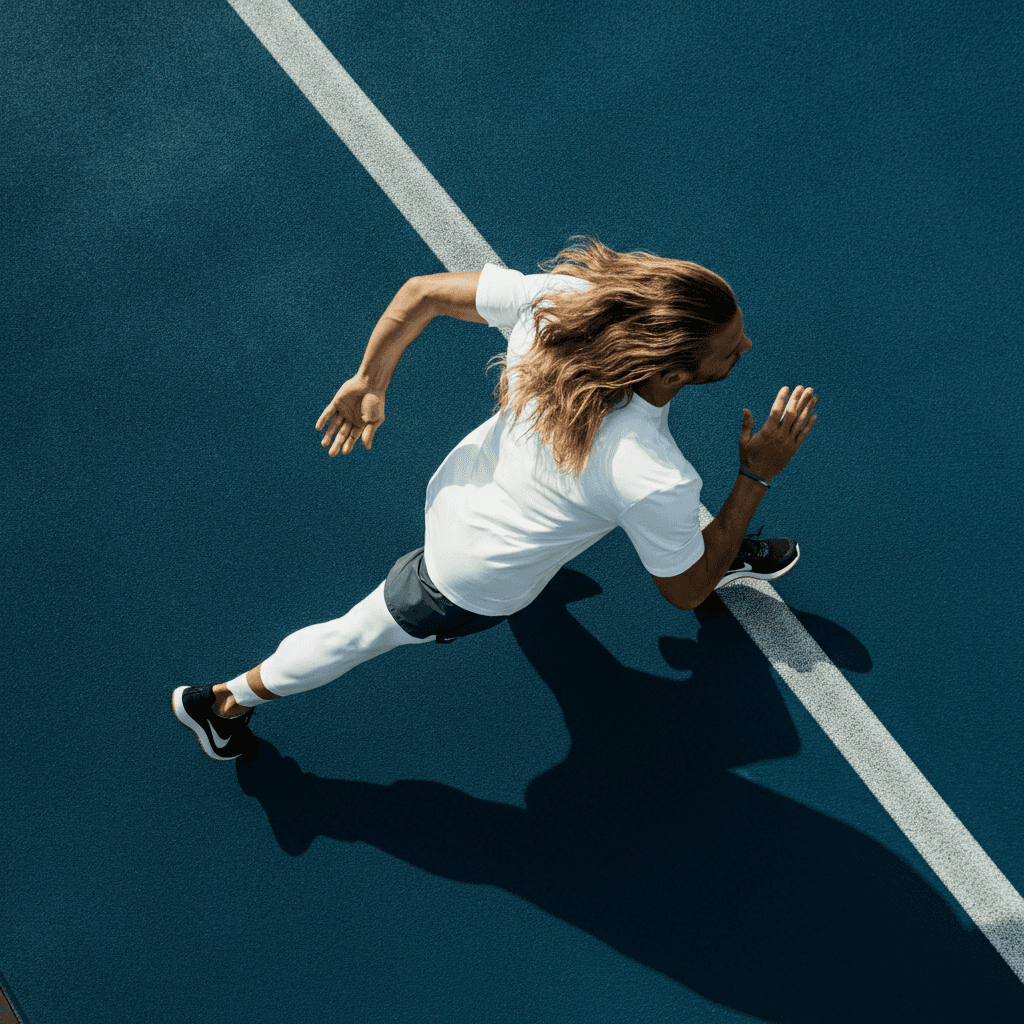Runner sprinting across a marked track