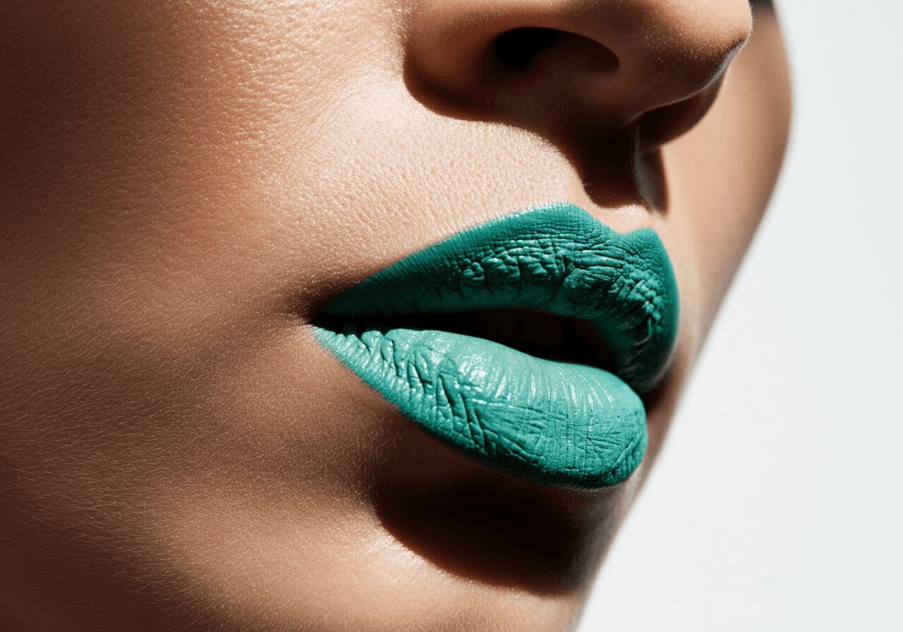 Close crop of lips with turquoise lipstick