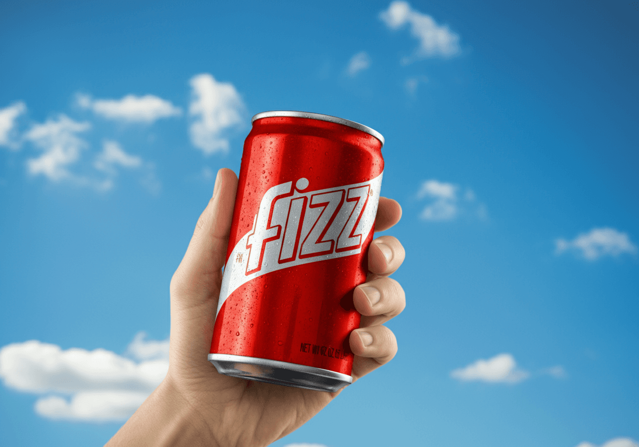 Hand holding a soda can against a blue sky